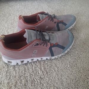 On Running Coral and Gray Athletic Shoes